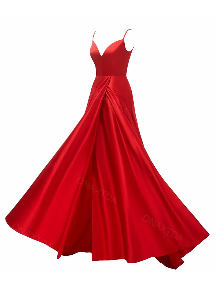 

Satin Spaghetti Straps Formal Evening Dress with Pockets V Neck Sleeveless Prom Gown A Line Cocktail Long Party Dress ON27