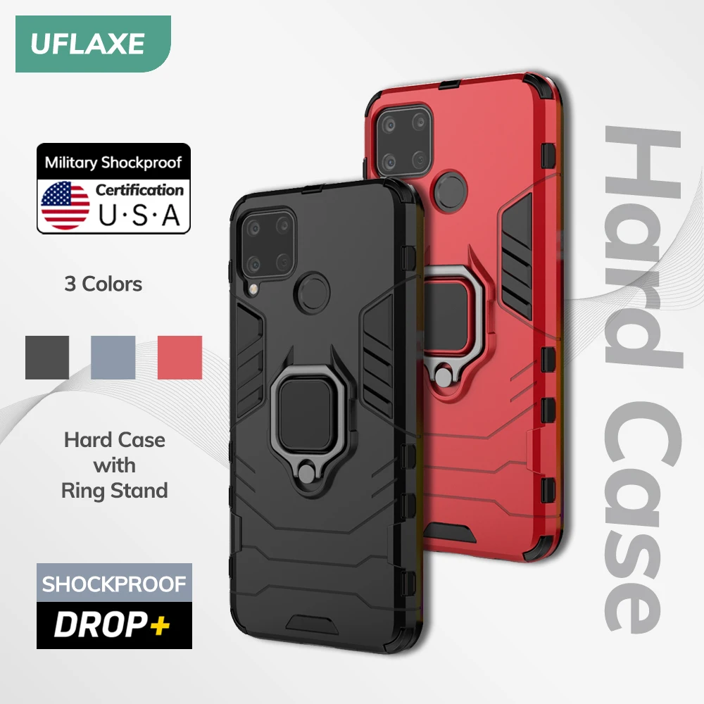 Enlarge UFLAXE Original Shockproof Case for Realme C17 C15 C12 C11 2021 C3 C2 C1 Back Cover Hard Casing with Ring Stand