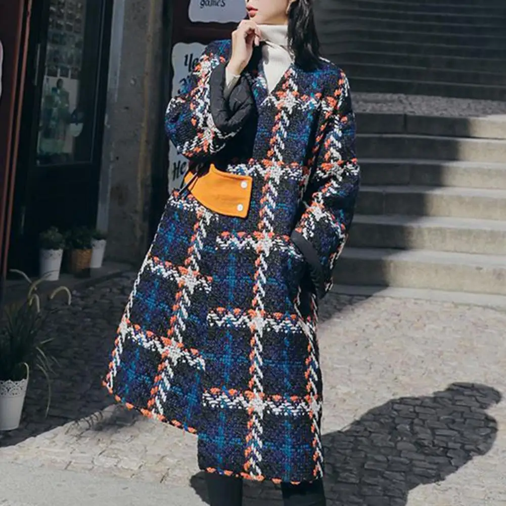 

Осенние модные клетчатые теплые шерстяные куртки с V-образным вырезом и длинным рукавом для женщин, винтажная Свободная верхняя одежда, пальто, мужские куртки