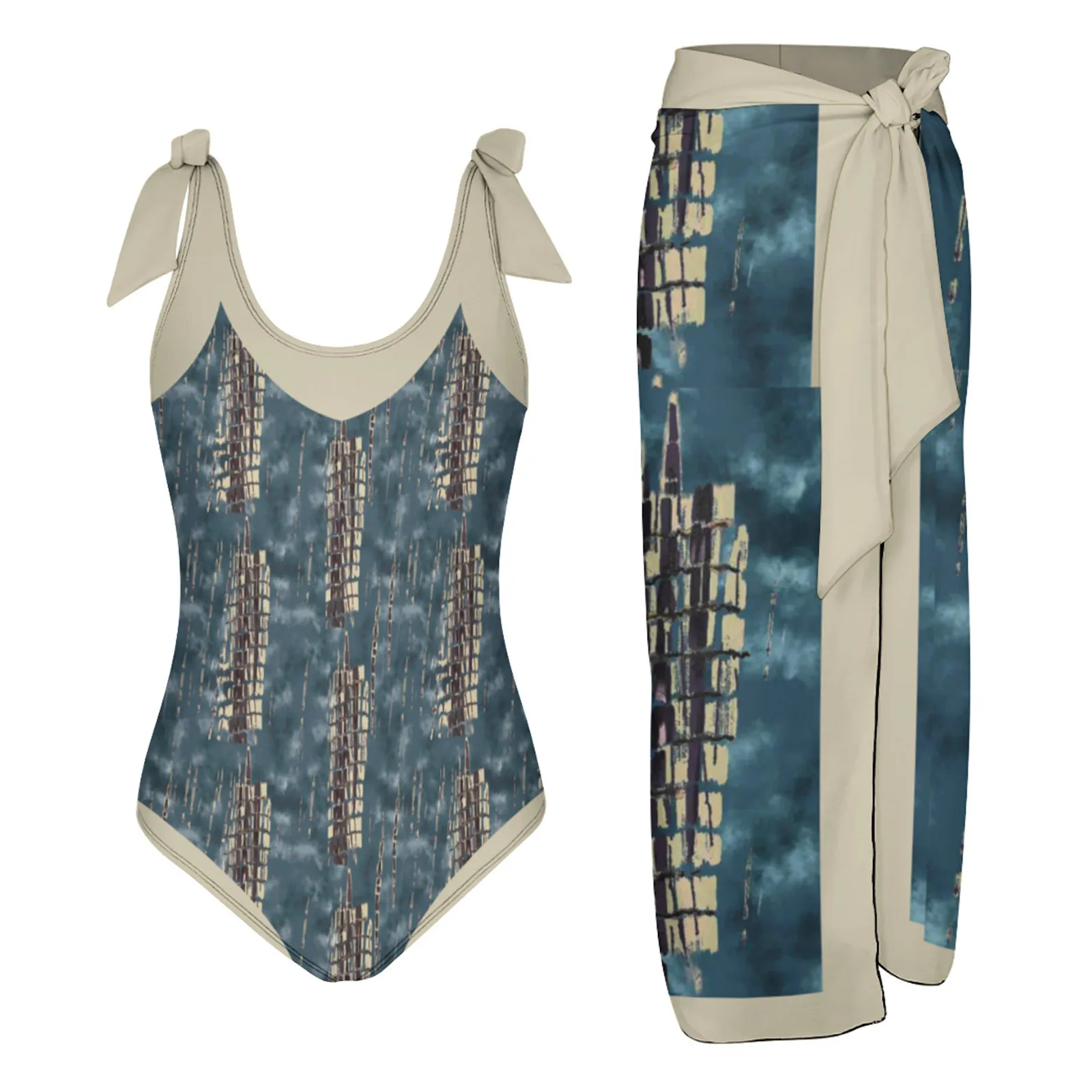 

Women Vintage Colorblock Abstract Floral Print 1 Piece Swimwear+1 Piece Cover UP Two Piece Vintage Print Swimsuit Monokini