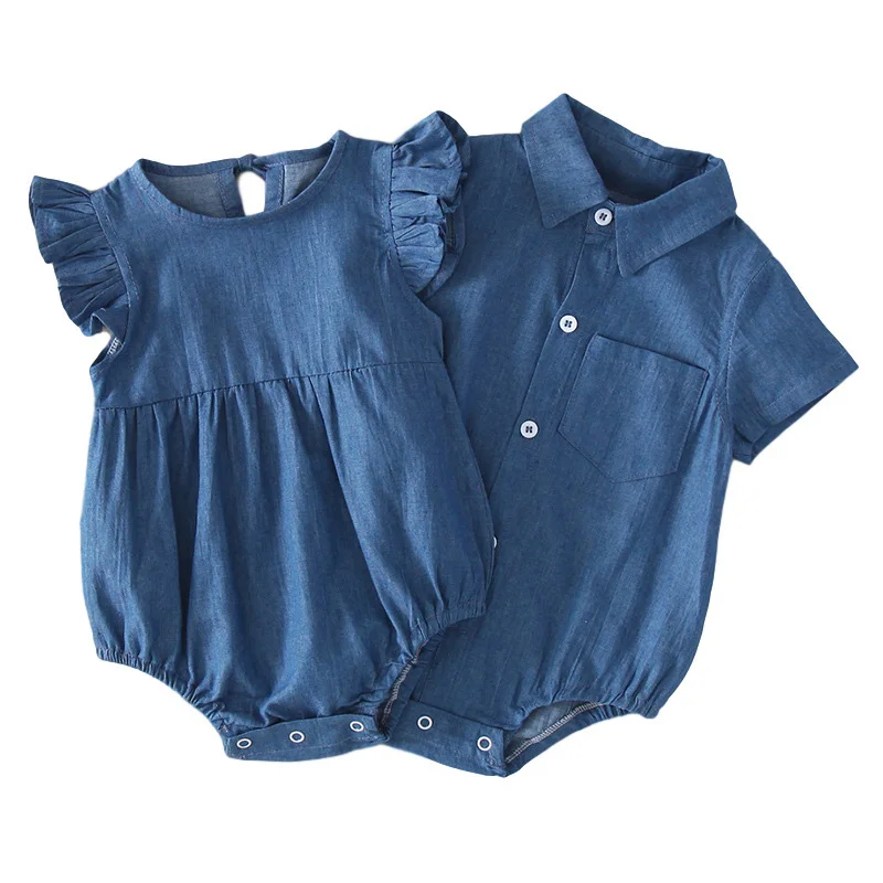 

Summer Denim Baby Romper Brother Sister Jumpsuits for Girls Boys Flying Sleeves Infant Rompers Toddler Onesie Newborn Clothes