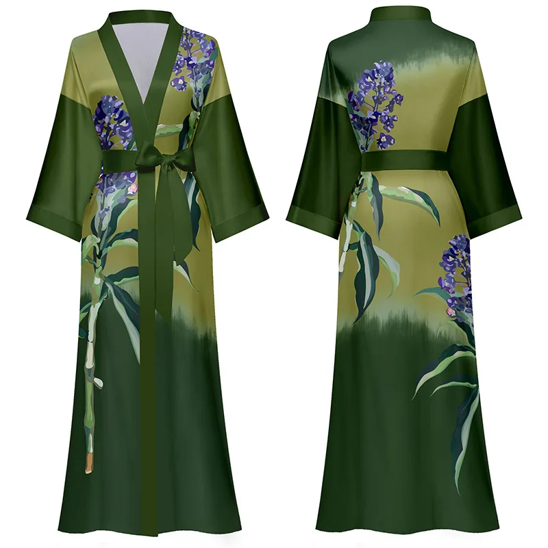 

Green Print Flower Kimono Bathrobe Gown Women Spring Summer Long Robe Nightgown Casual Loose Sleepwear Sexy Satin Home Dress