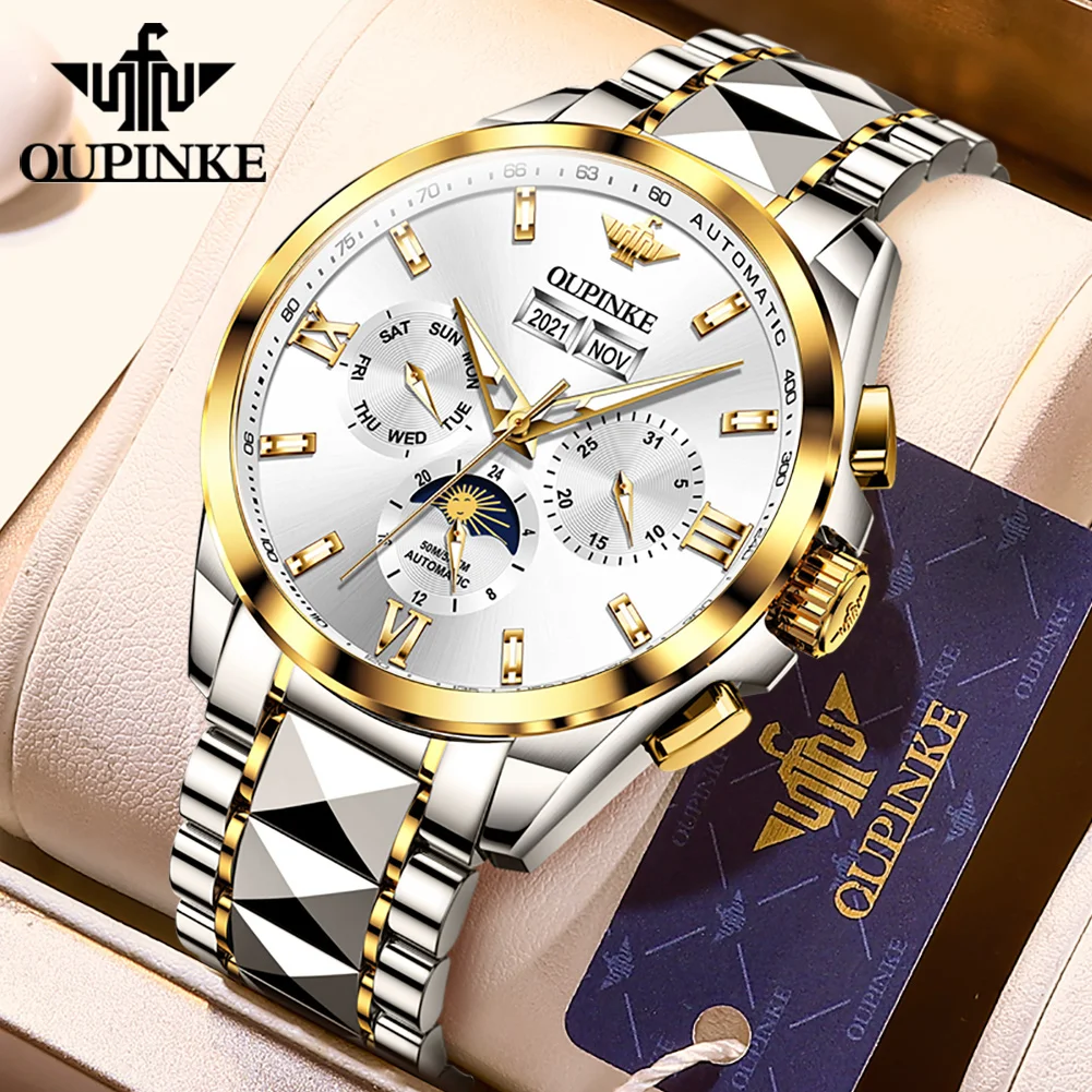 

OUPINKE Top Luxury Male Watch Automatic Mechanical Men Watch 50M Waterproof Calendar Date Sapphire Mirror Original Wristwatch