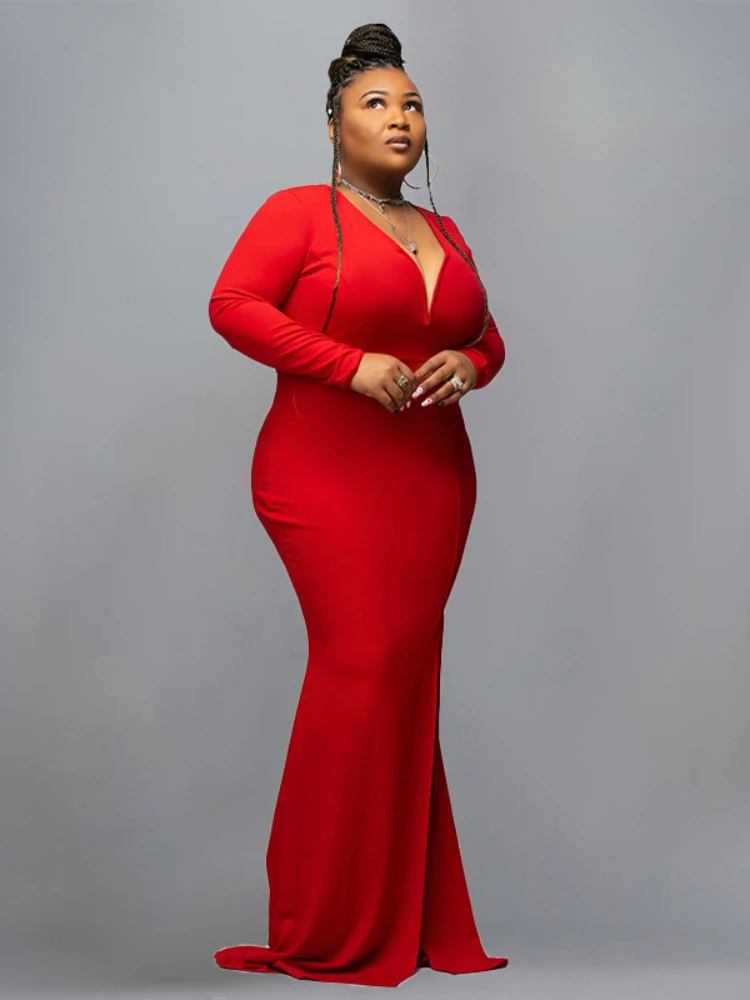 Plus Size Women Prom Dress Red Sexy V-Neck Solid Color Party Dresses Long Sleeve Bodycon Floor Length Slit Robes Femmes Summer