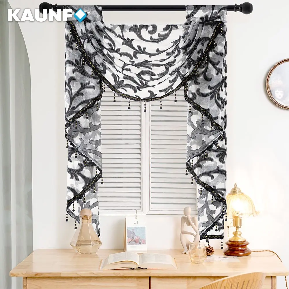 

Luxury Beaded Valance Curtains For Living Room Bedroom With Tassel Embroidered White Jacquard Tulle Home Decor Finished Product