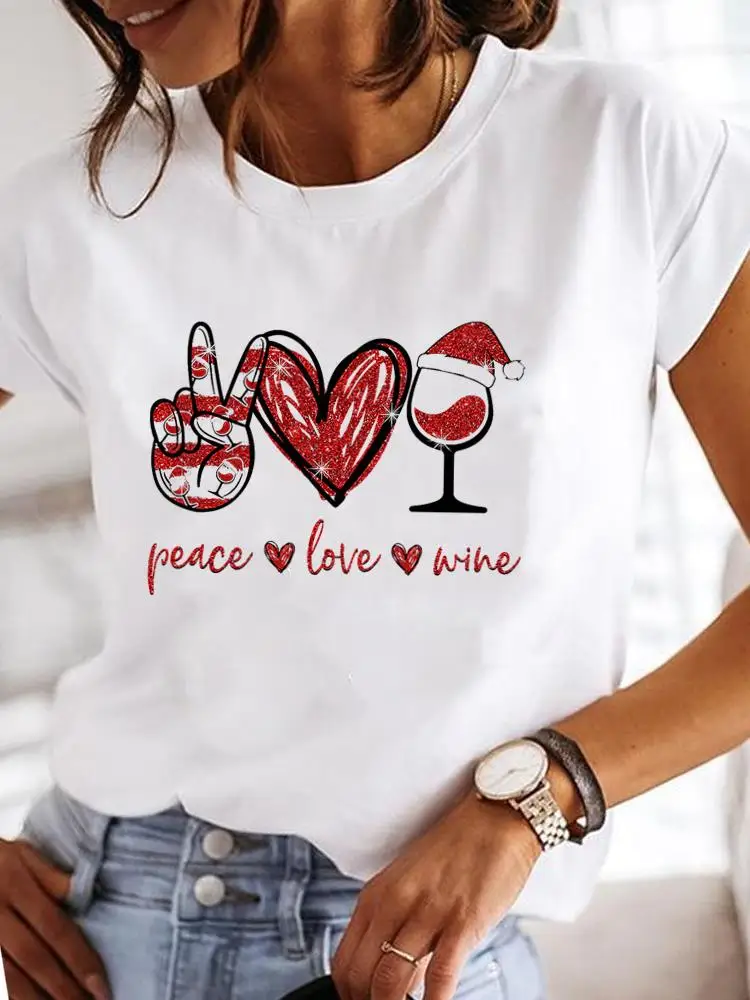 

Рождественская футболка с коротким рукавом, женская одежда 90-х годов, праздничная модная футболка с принтом винного сердца и нового года, женские футболки с графическим принтом
