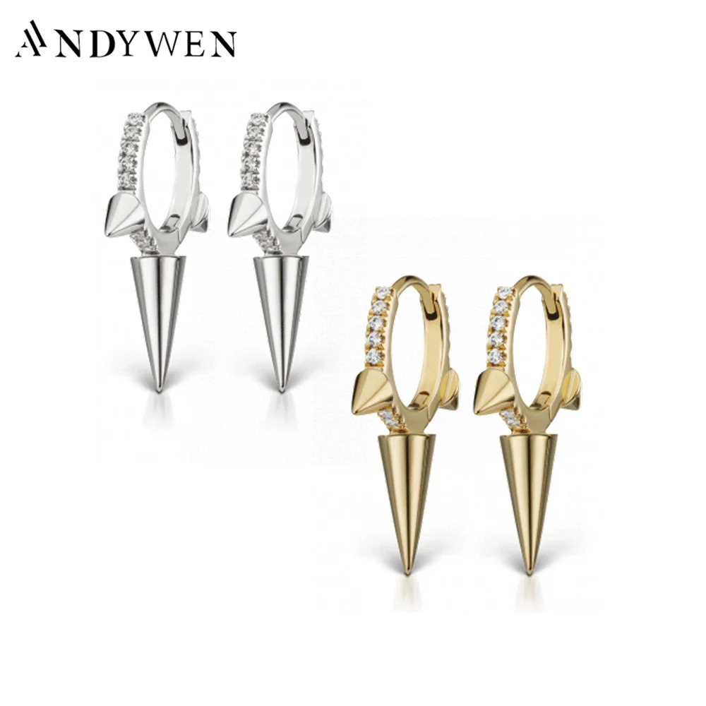 

ANDYWEN 925 Sterling Silver 8MM Triple Long Spike Eternity Clicker Crystal CZ Zircon Hoops Clis Loops Huggies Earring For Women