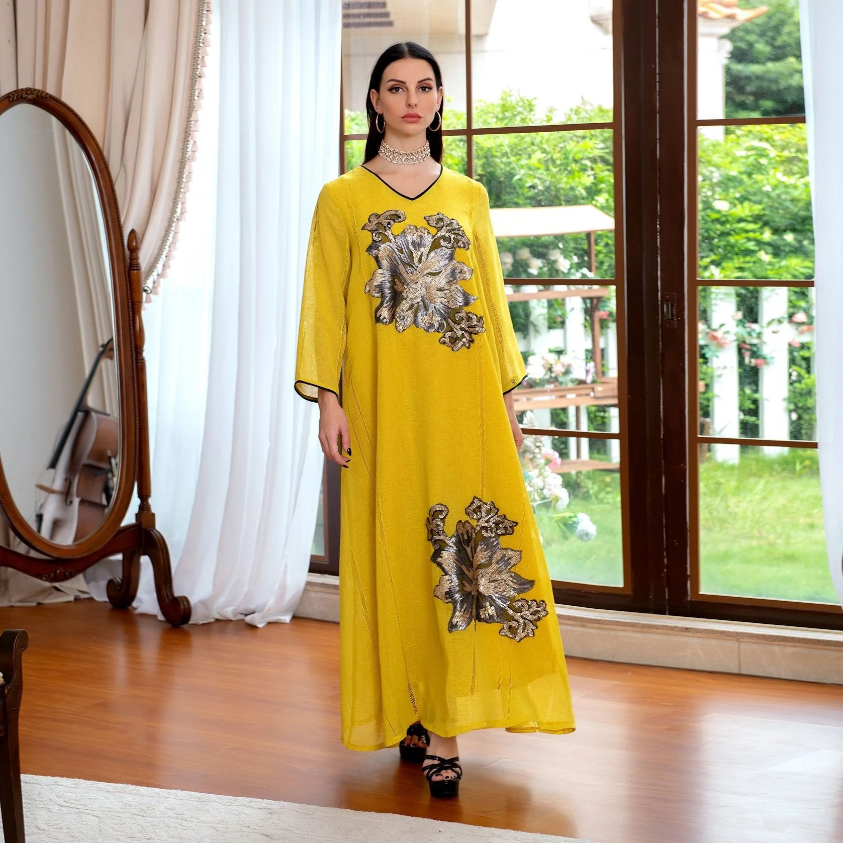 

Muslim Cotton Hemp Beads Embroidery Fashion Abaya Solid Mesh Breathable Dress