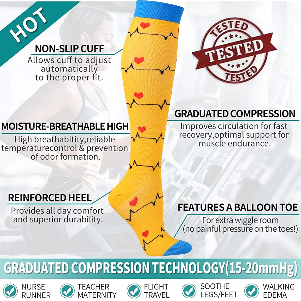 5 Pairs Compression Socks for Men Women15-20 mmHg Knee High Medical Stocking Support for Nurses Pregnancy Flight Travel Athletic