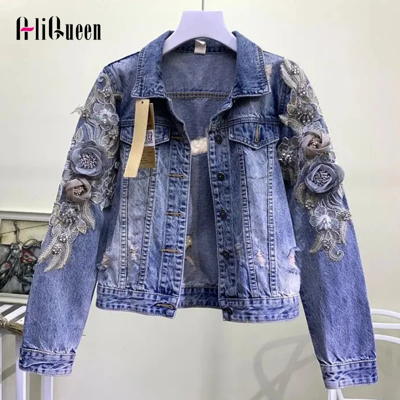 

Woman Vintage Beading Lace Floral Embroidered Handmade Denim Coats and Jackets Women Loose Blue Short Jeans Coat 3XL