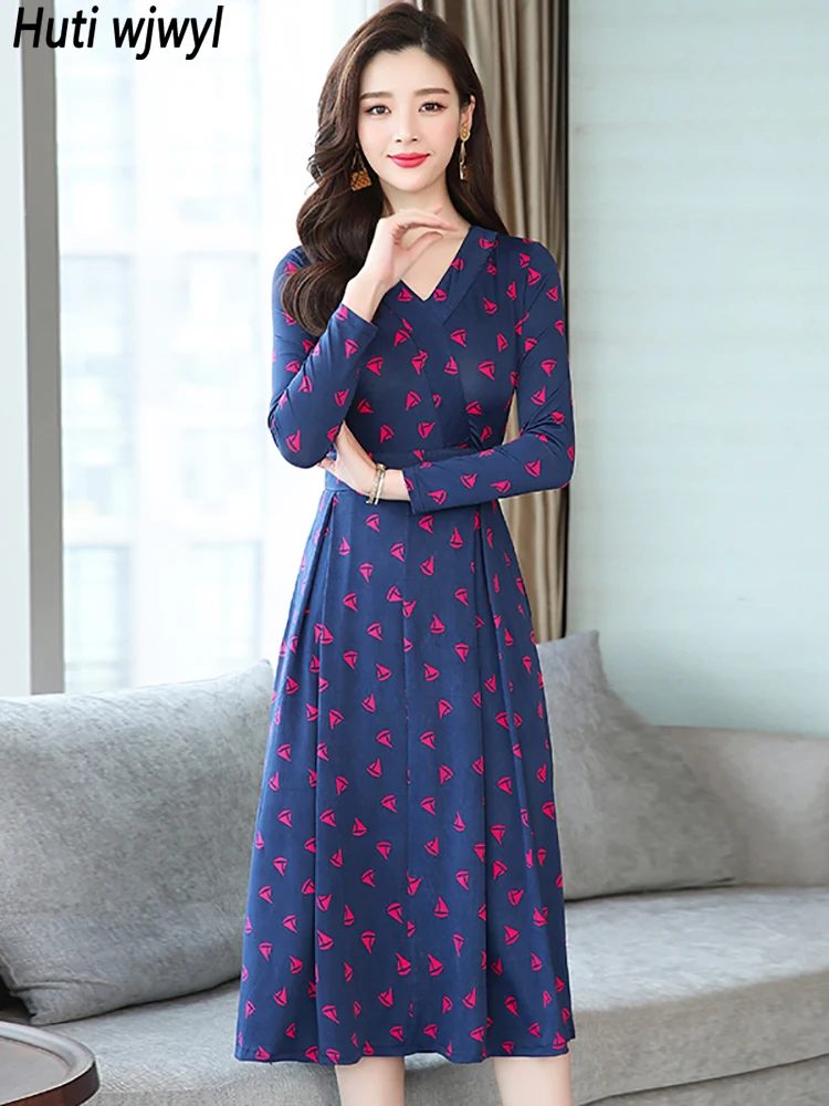 

2022 Korean Print Long Sleeve Midi Dress Women Elegant Bodycon Party Night Vestidos Spring Autumn Fashion Casual Chic Prom Dress