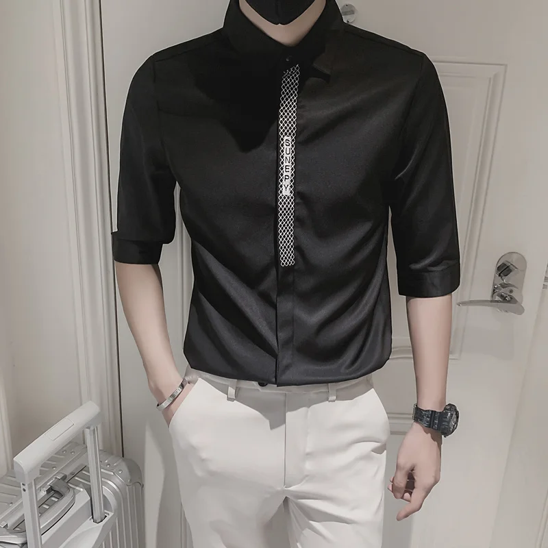 

2024 Summer Men's Shirt 3/4 Sleeve Streetwear Casual Business Social Party Tuxedo Men Clothing Camisas Para Hombre