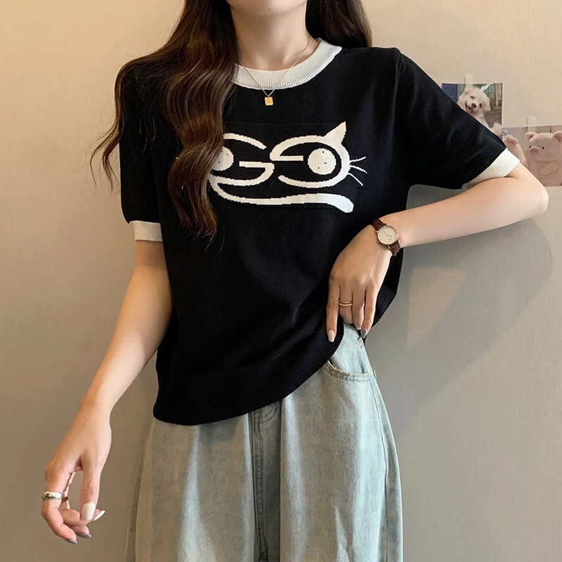 

Rhinestones Print Ice Silk Tshirt Tops Women Knitted Sweater Knitwear 2023 Summer Short Sleeve O-neck Fashion Loose Tees Jumper