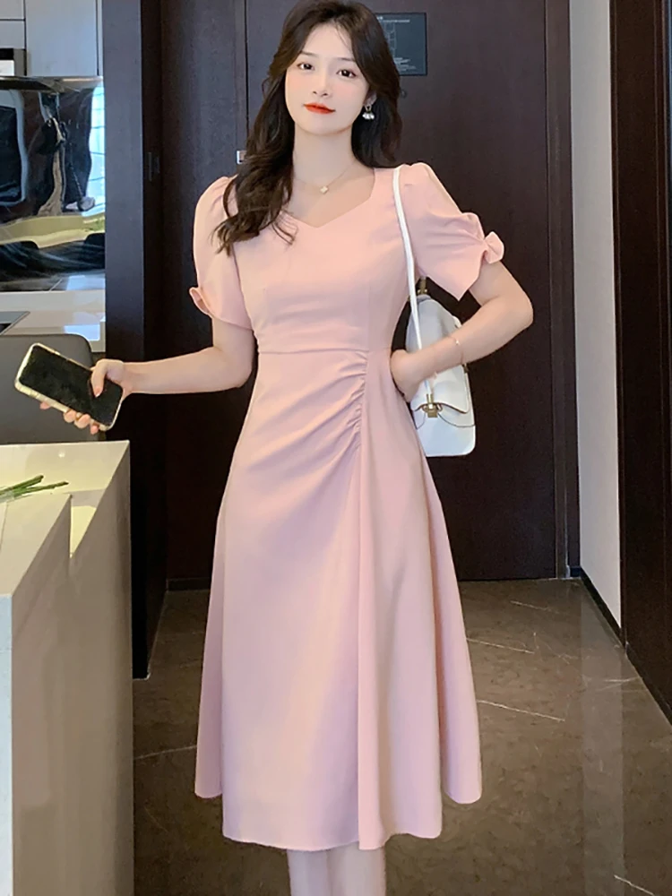 

Summer Pink Puff Sleeve Square Collar Midi Dresses Women Korean Vintage Hepburn Dress 2023 Black Dresses for Official Occasions