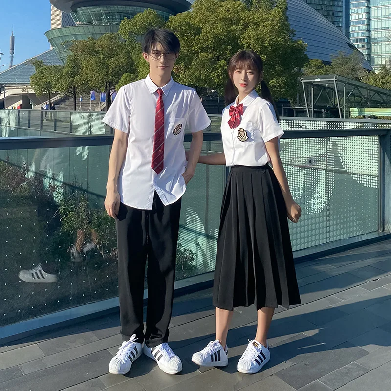 

School Girl Boy Uniform Set Short/Middle/Long Pleated Skirts Japanese School Uniform Pants High Waist A-Line Sexy JK DK Uniforms