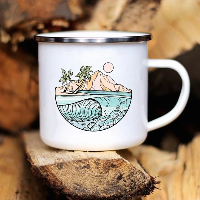 Happy Camping Enamel Cups Coffee Wine Mugs Travel Handle Drinkware Vacation Campfire Mug Outdoor Campervan Cup Camper Best Gifts