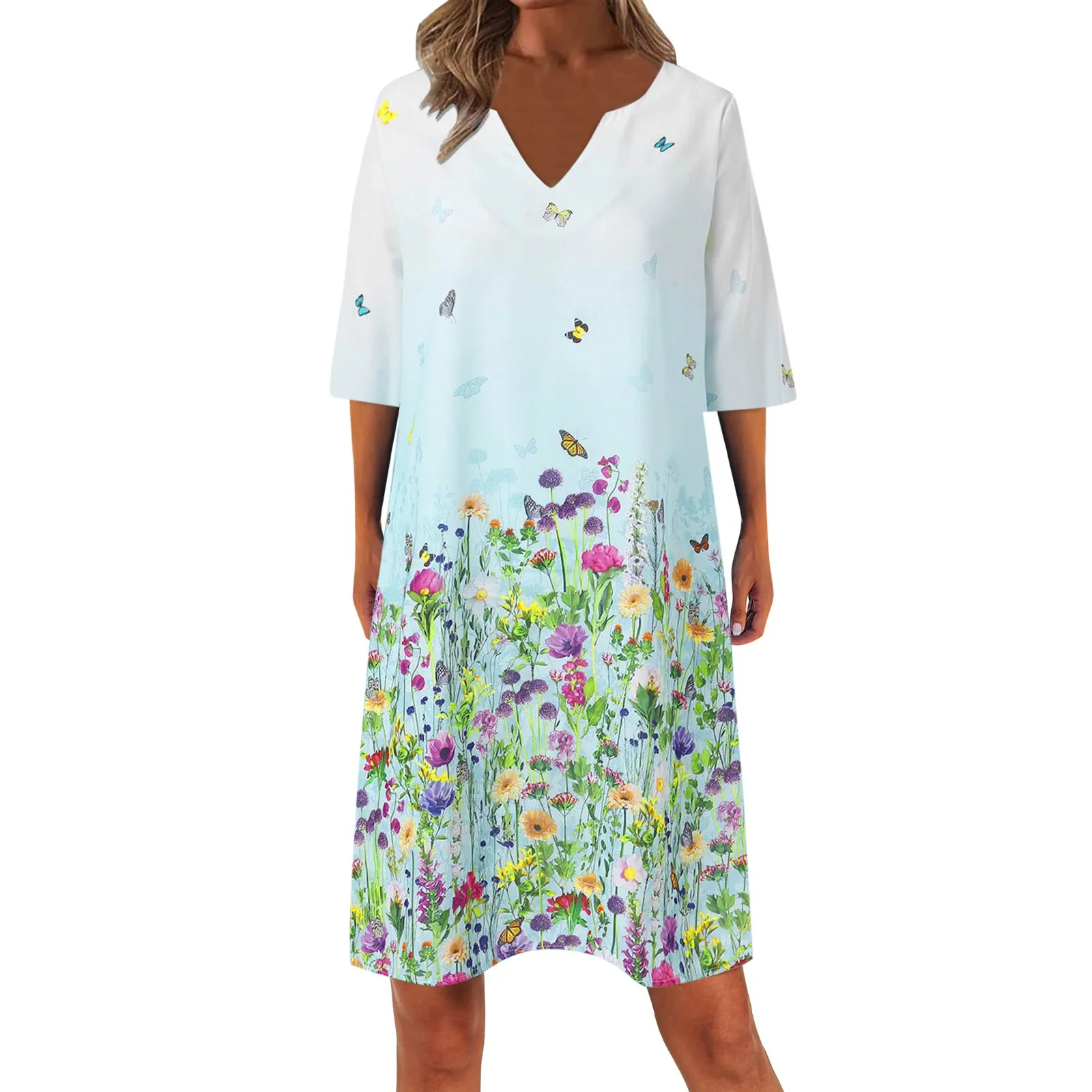 

Платье женское хлопково-льняное выше колена, модный сарафан средней длины с цветочным принтом, с рукавом до локтя, пляжный винтажный трапециевидный сарафан в стиле бохо, на лето