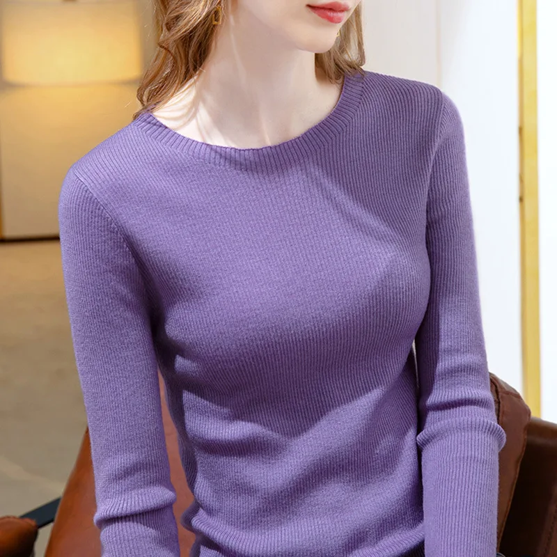 

Sweater women's 2021 winter new round neck long sleeve elastic slim top one