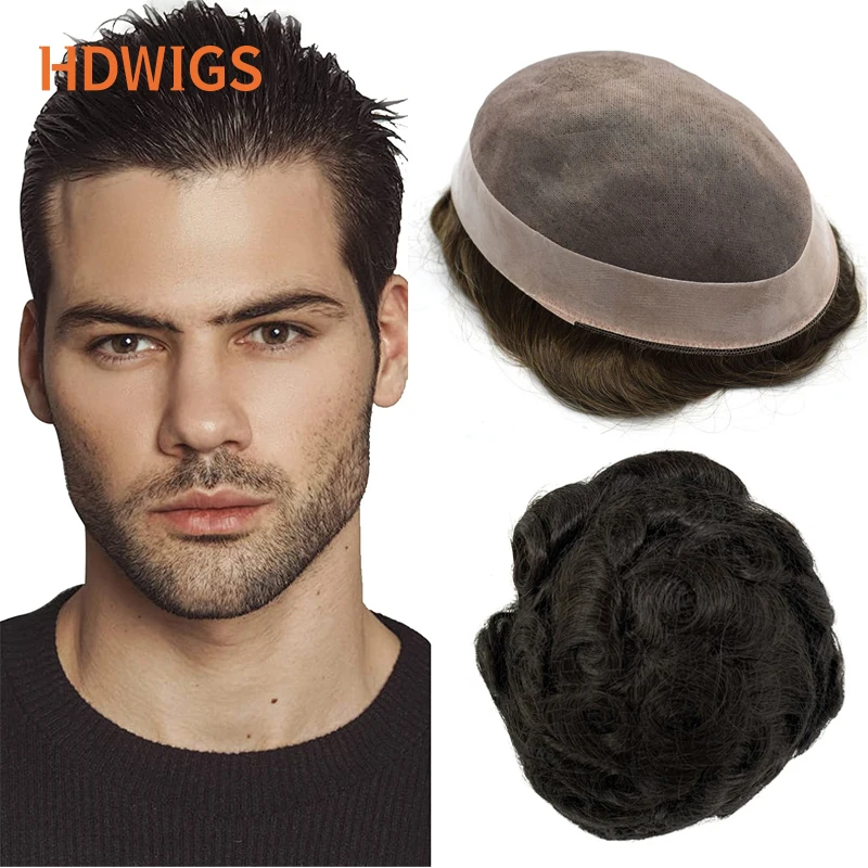 Men's Capillary Prothesis Fine Mono NPU Man Toupee Indian Human Hair Wigs Wave Straight Natural Hair System Unit Dark Brown Grey