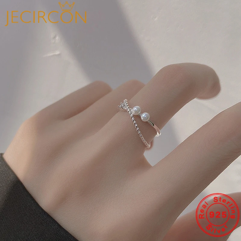 

JECIRCON s925 Sterling Silver Double Layer Pearl Ring for Women Fashion Sweet Geometric Design Cross Silver Open Ring 2023 New