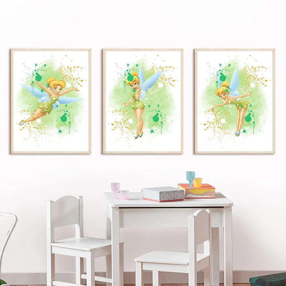 

Disney Tinkerbell Splash Watercolor Poster and Print Peter Pan Canvas Painting Wall Art Picture Living Room Bedroom Home Decor