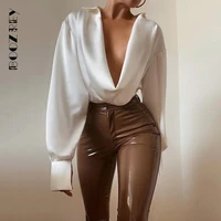 boozrey elegant lantern sleeve deep v sexy draped bodysuit for women tops slim rompers solid shirts club party outfit clothes