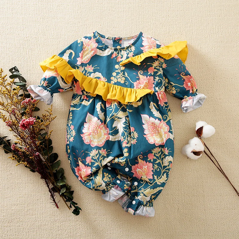 

Hibobi Baby Girl Ruffle Floral Print Jumpsuit Kids Newborn Floral Printed Cutton Clothes Bodysuit