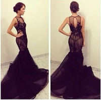 see through lace appliques black tulle mermaid evening dresses vestido de festa longo 2014