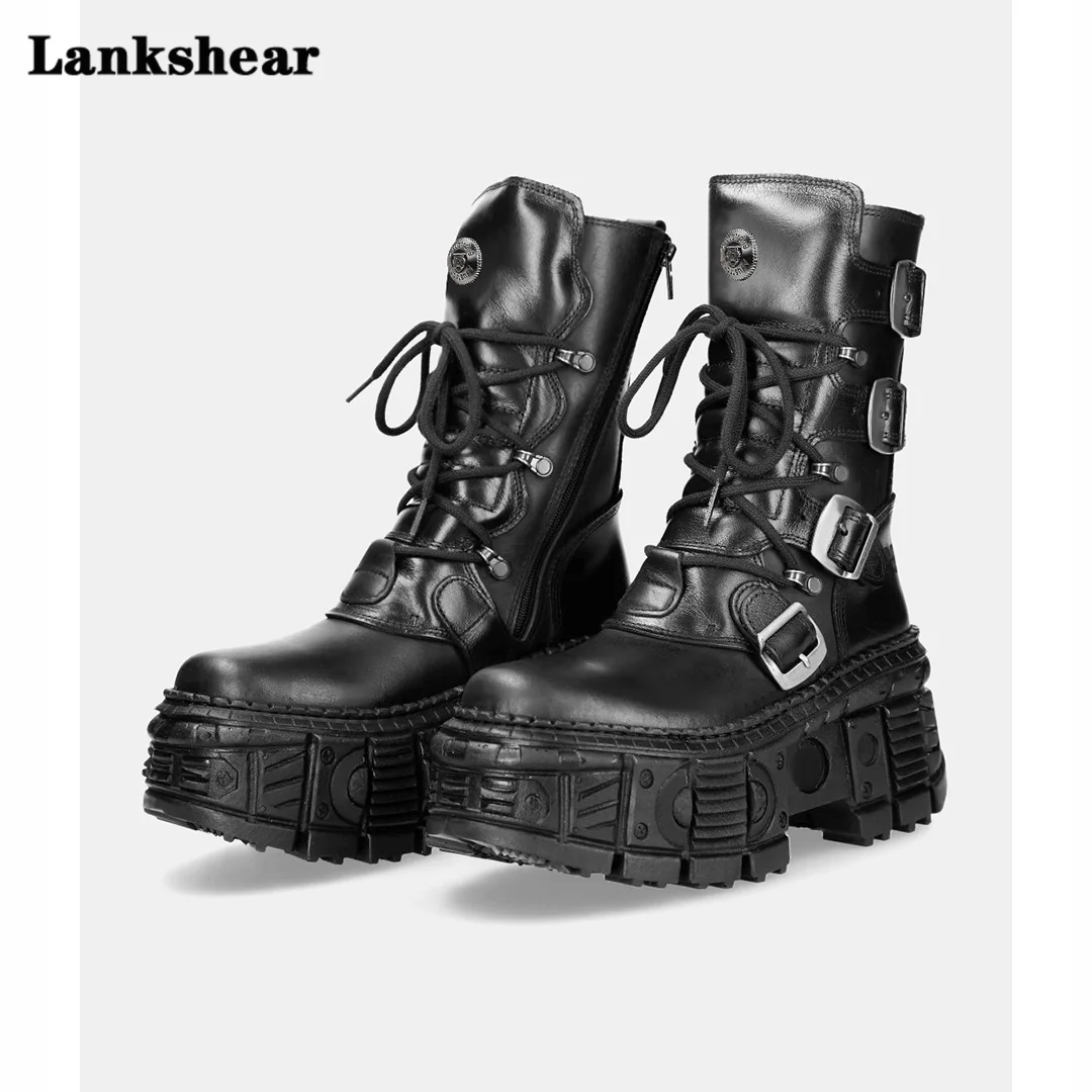 Rcok Ботинки на платформе в стиле панк Женские ботинки с металлическим ремнем и