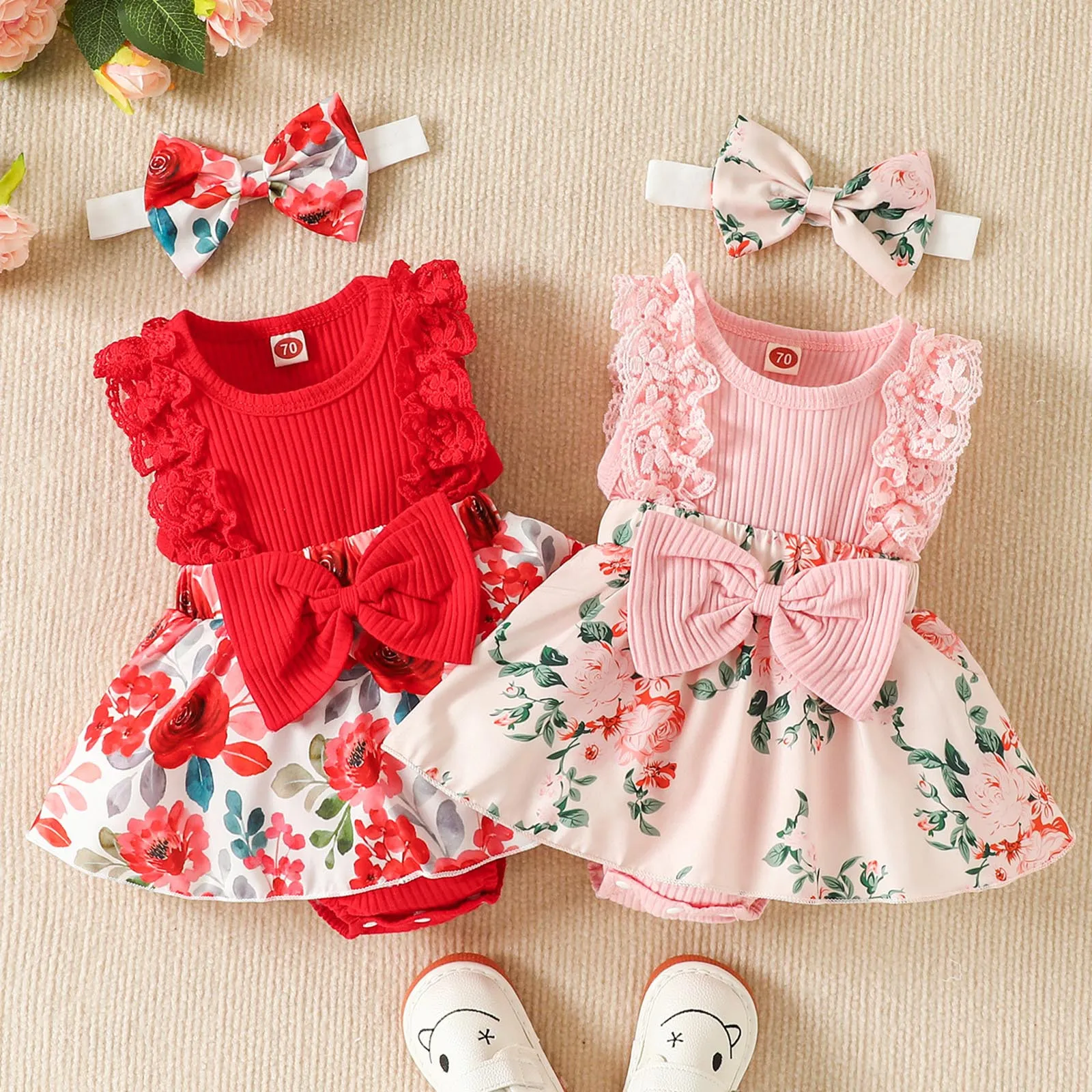 

Baby Girls Floral Romper Bowknot Princess Dress Sleeveless Floral Prints Ribbed Romper Newborn Bodysuits Vestidos Headbands Set