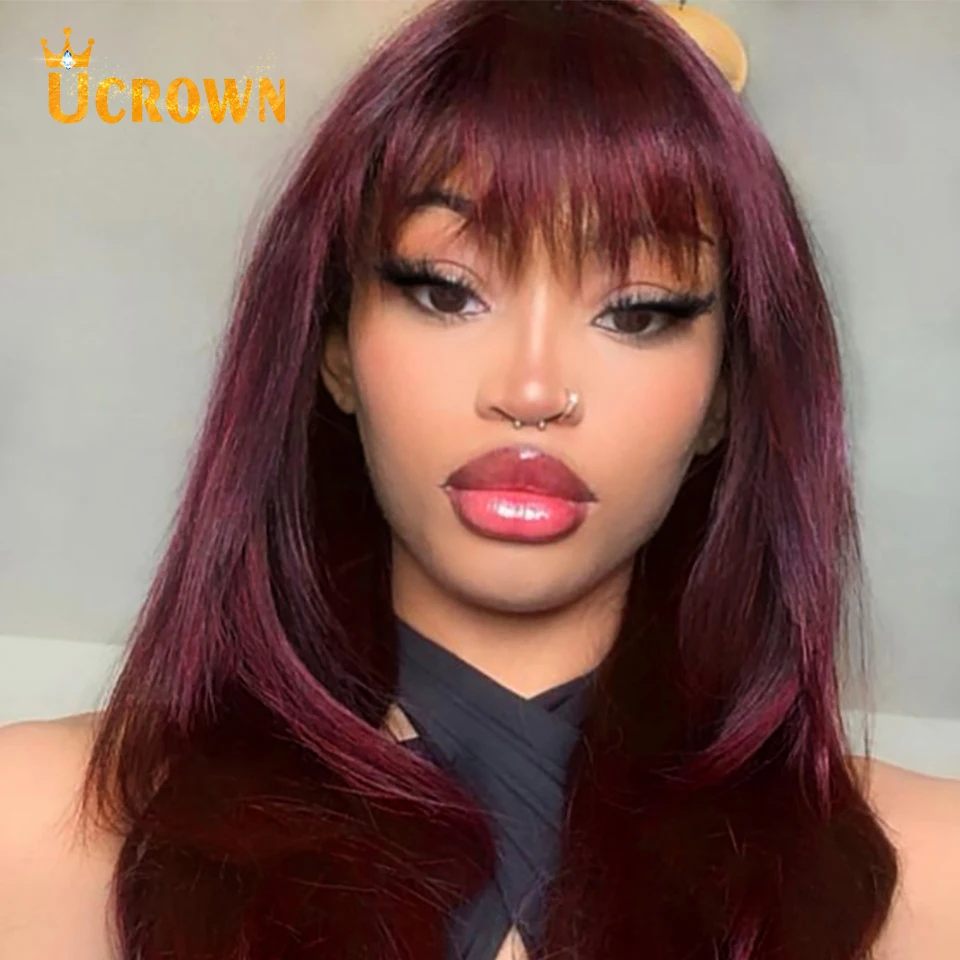 Парик прямой бургундского цвета Ucrown Hair 99j с прямыми челками, полностью машинной работы с имитацией кожи головы, изготовленный из волос бразильского происхождения для чернокожих женщин.