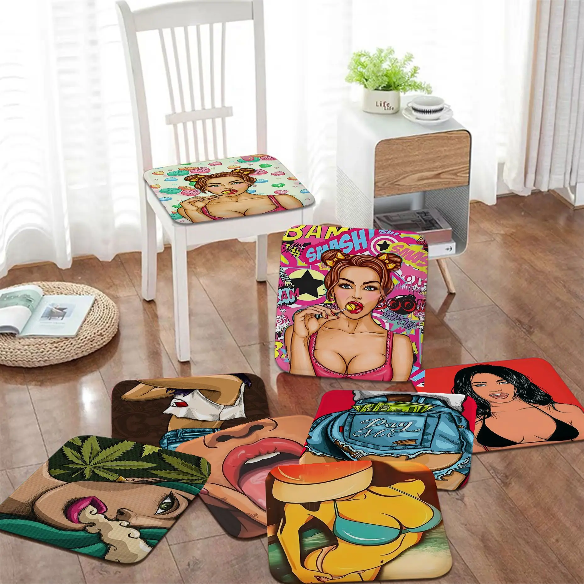 

Cool Anime Girls Tie Rope Seat Cushion Office Dining Stool Pad Sponge Sofa Mat Non-Slip Stool Seat Mat