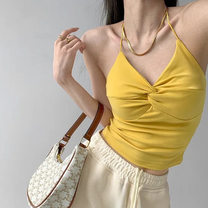 

Summer pure color slim short sexy knot hanging neck type bottom strapless tank top tops women sexy top