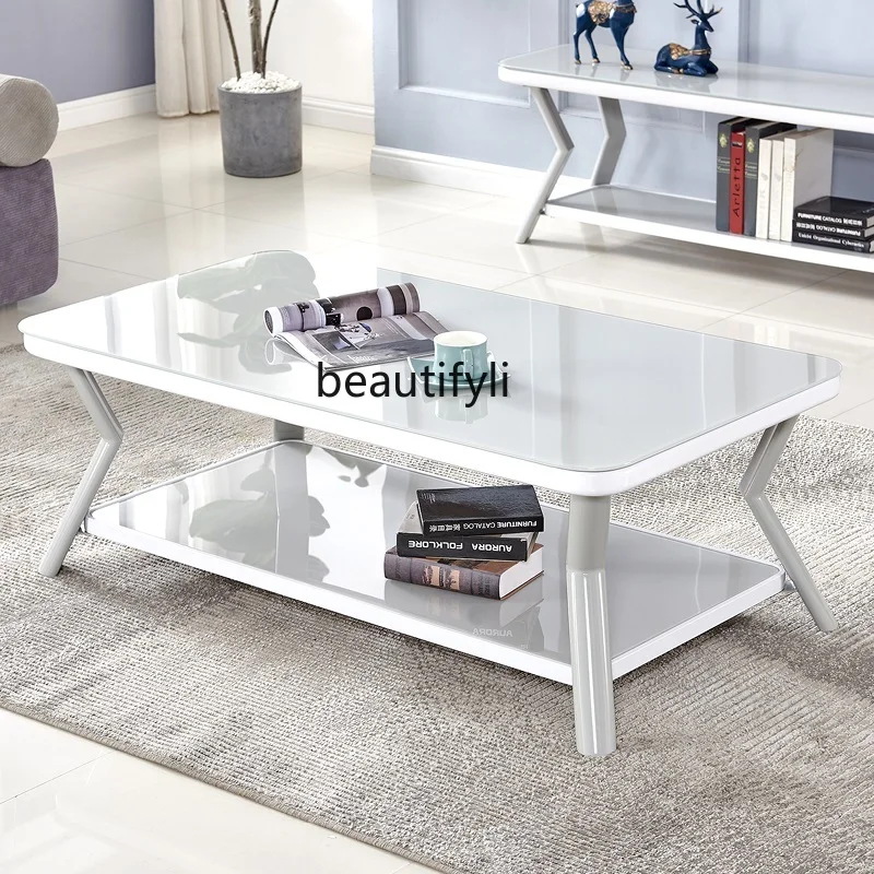 

HJ Tea Table Paint TV Cabinet Set Living Room Simple Tempered Glass Table