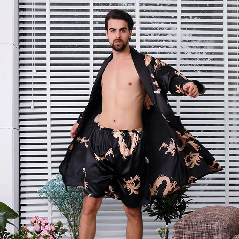 

Cozy Silky Satin Robe Set Plus Size 7XL Long Sleeve Soft Dragon Dressing Gown 2PCS Bathrobe Shorts Suit Male Lounge Home Wear