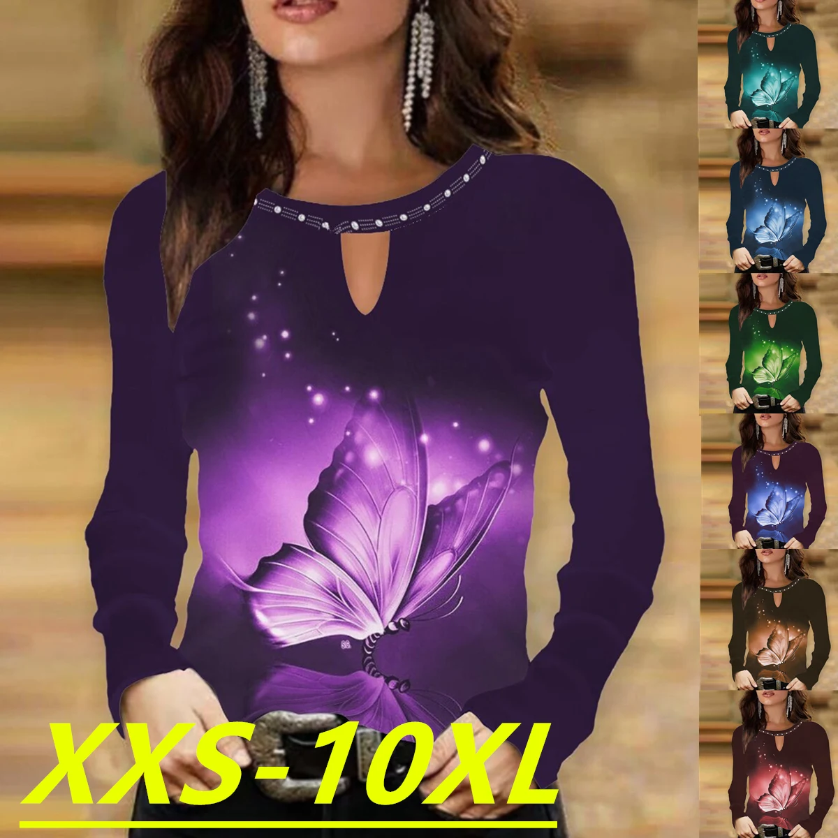 

Autumn/Winter 2022 Fashion Women's Butterfly Print Round Neck Long Sleeve Casual Plus Size Top XXS-10XL