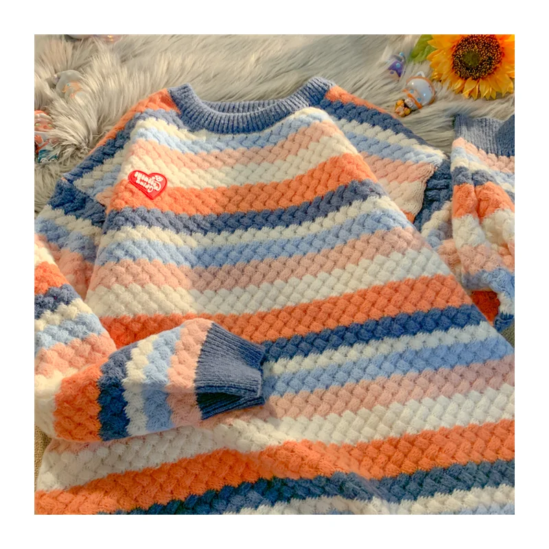 Autumn Winter Women O-neck Japanese Color Striped Long-sleeved Sweater Loose Retro Knitted Sweater Soft Warm Top Clothing Ladies