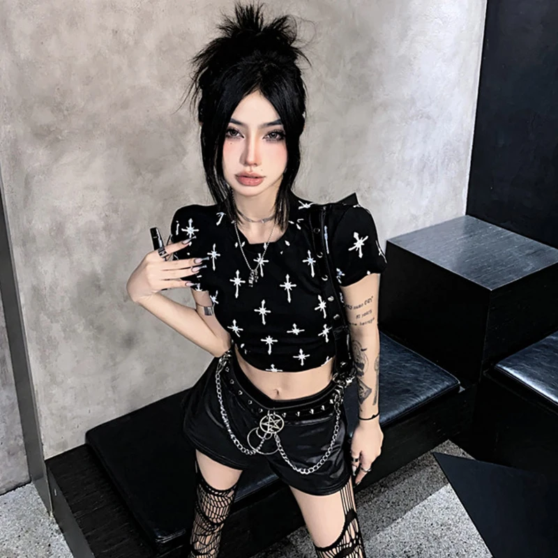 

Dark Goth Lady Cross Print O Neck Short Length Skinny T-shirts Female Sexy Gothic Black T Shirt Harajuku Short Sleeve Crop Top