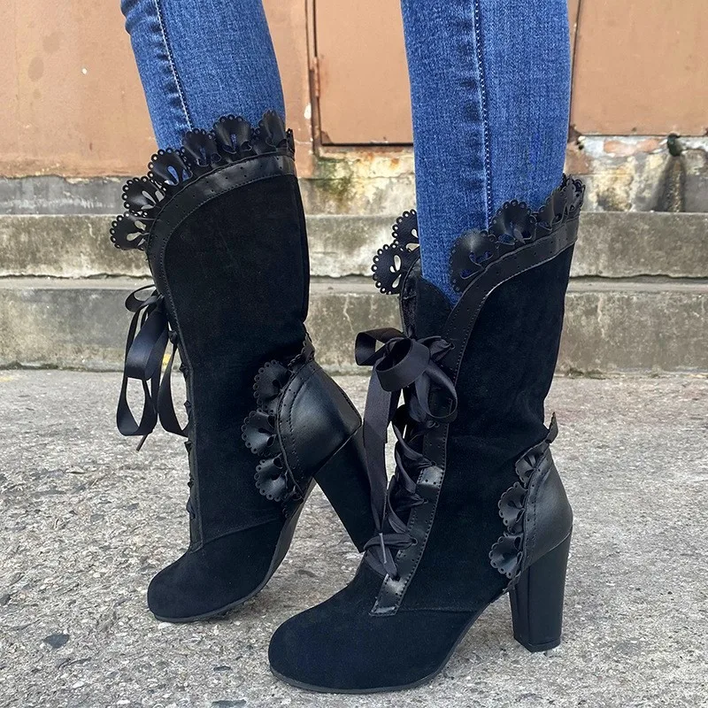 Women's Boots High Heels Women's Punk Boots 2023 Sexy Leather Suede Boots Fall/winter Retro Lace-up Shoes Women's  Boots
