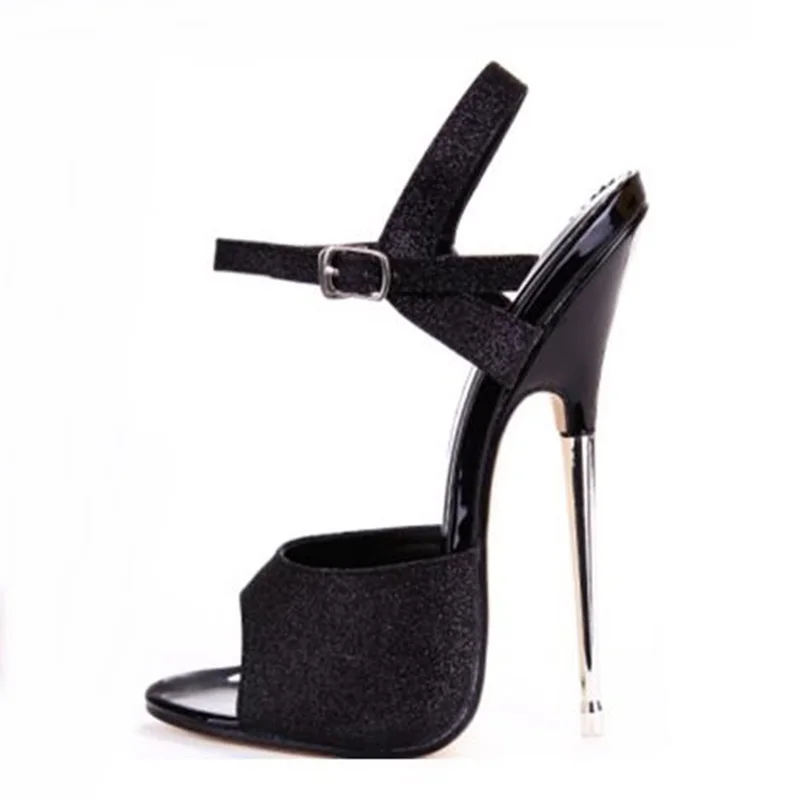 

Summer Peep Toe Bling Bling Sandals Sexy Sky Ankle Buckle Strap For Women Metal Heels 16CM Glitter High Metal Heel Dress Shoes