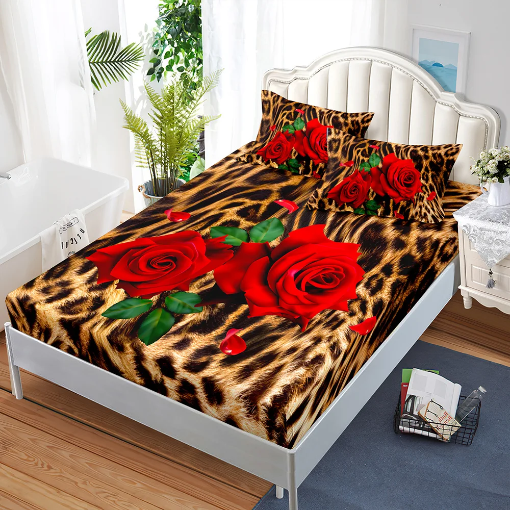 

Luxury Red Rose Printed Fitted Sheet with Elastic Band Bed Sheet and Pillowcase for Girls Woman Mattress Cover Soft Microfiber
