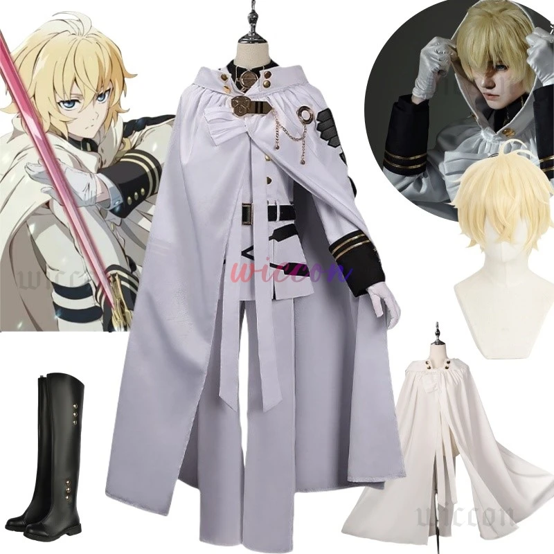 Mikaela Hyakuya Cosplay Costume Anime Seraph Of The End Halloween White Cloak Trench Coat Pants Gloves Wig Uniform Play