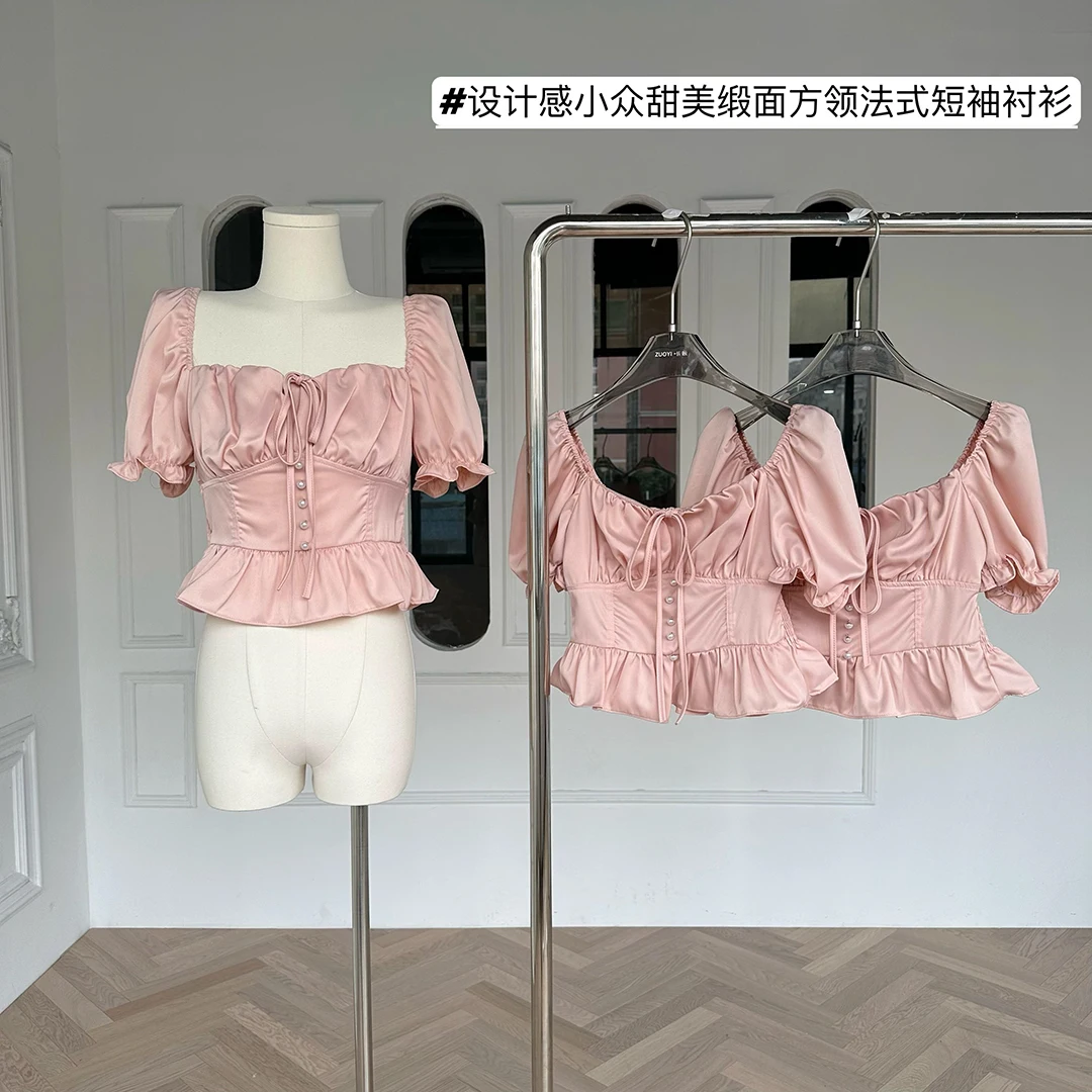 

Блузка женская с оборками на подоле, дизайнерский кроп-топ с пышными рукавами, модная универсальная Праздничная рубашка с квадратным вырезом