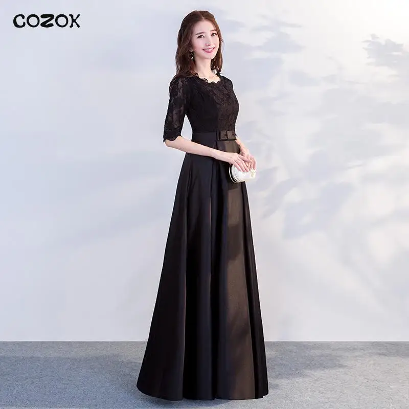 COZOK Lace-Satin Patchwork Black Cheongsam Women Chinese Style Qipao Sexy Summer Pleated Formal Party Dress Gown Long Vestidos