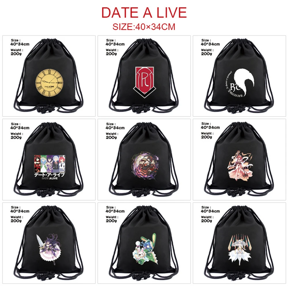 

Anime Date A Live Canvas Black Drawstring Bags Cartoon Backpack Men/Women Cosmetic Container Casual Beach Bag Shoes Pouch Gifts