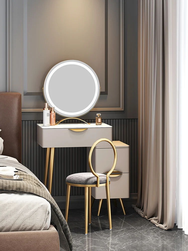 

Luxury champagne color retractable dressing table storage cabinet integrated makeup table with LED makeup mirror