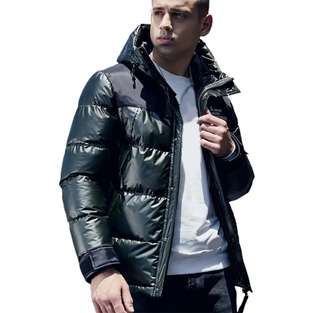 Men Jacket Patchwork Hooded Windproof Plus Size Cotton Padded Windbreaker for Daily Wear