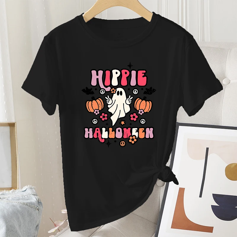 

Летняя женская модная футболка на Хэллоуин, Женская графическая Винтажная футболка с коротким рукавом и принтом с призраками и буквами, Жен...