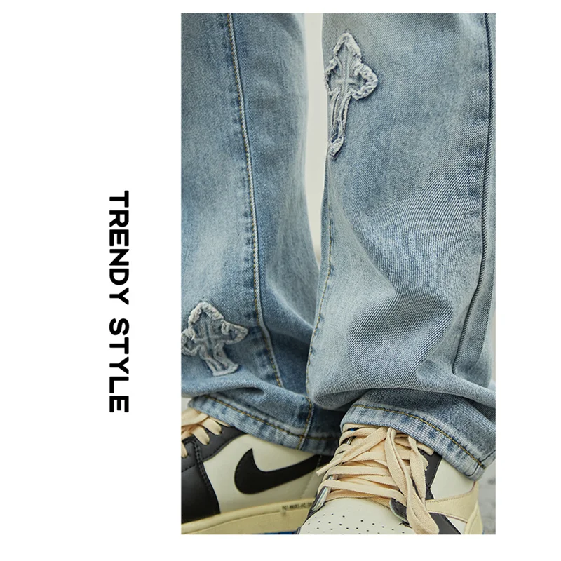 Streetwear Men 2022 New Style Cross Pattern Vintage Recreational Blue Jeans Loose Straight Cylinder Trousers Autumn Female Trend