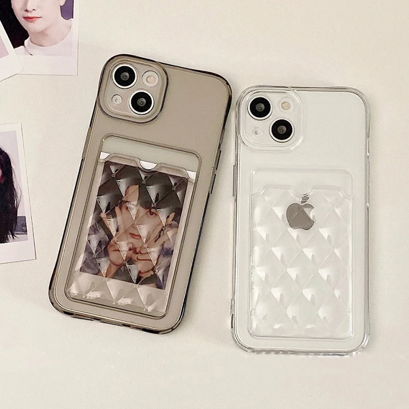 

Transparent Diamond Lattice Card Bag Phone Case For iPhone 13 11 12 Pro Max XS XR X 7 8 Plus SE3 Soft Wallet Card Holder Cover